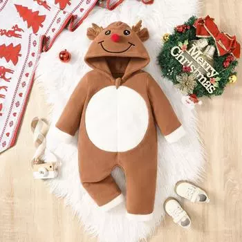 Рождественский комбинезон с длинными рукавами и капюшоном для новорожденных мальчиков и девочек с рисунком оленя 12 коричневый