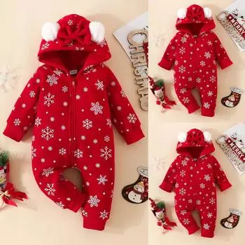 Рождественский комбинезон со снежинками для новорожденных, комбинезон с капюшоном на молнии, комбинезон, костюм
