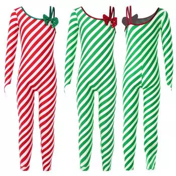 Рождественский комбинезон в полоску с конфетами для девочек на одно плечо, комбинезон с длинными рукавами, костюм для балета и танцев 5-6 Years зелёный