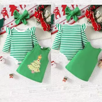Рождественский комплект из трех предметов для мальчиков, девочек и малышей, с длинными рукавами, в полоску, с вышитой рождественской елкой, юбкой Ha Yi 0 зелёный