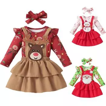 Рождественский комплект из трех предметов для мальчиков, девочек и младенцев с длинными рукавами и мультяшной одеждой на бретельках и юбкой 3 зелёный