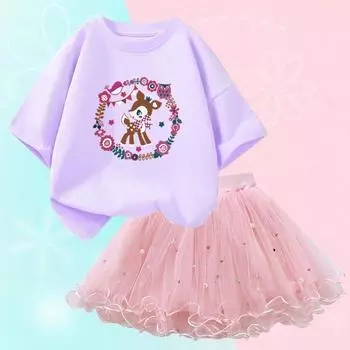 Рождественский комплект одежды для девочек, футболка с изображением Санта-Оленя, топы и юбки-пачки, Рождественский костюм, детская праздничная одежда 6T(130cm)