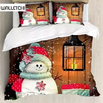 Рождественский комплект постельного белья, снеговик в шапке Санты в саду с подарочной коробкой и свечой, комплект постельного белья из полиэстера с изображением мультфильма EU single(135x200cm)