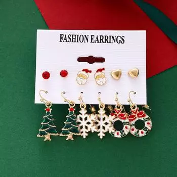 Рождественский комплект сережек «Санта-любовь»: Снежинка и дерево Мультяшный дизайн капли масла CK0564 золотой