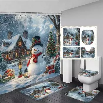 Рождественский комплект занавесок для душа и коврика Снеговик Санта-Клаус Снежные рождественские подарки Подвесная занавеска Коврик для унитаза Декор для ванной комнаты W150xH180cm