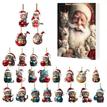 Рождественский кошачий адвент-календарь Акриловый 2D мультяшный кот Подвесные украшения 24 дня 2025 Рождественский календарь обратного отсчета Подарок для любителей кошек Праздничное украшение A