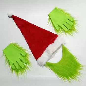 Рождественский костюм для косплея Yousheng, зеленая борода, шапка Санты с пушистыми перчатками, набор рождественских зеленых эльфов, аксессуары для косплея для взрослых и подростков M B