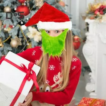 Рождественский костюм для косплея, зеленая борода, шапка Санты с пушистыми перчатками, набор рождественских зеленых эльфов, аксессуары для косплея для взрослых и подростков M B