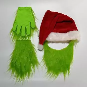 Рождественский костюм для косплея, зеленая борода, шапка Санты с пушистыми перчатками M B