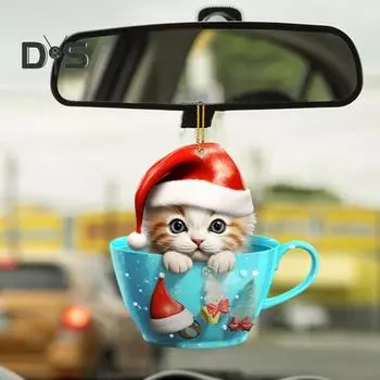 Рождественский Кот Автомобильный Кулон 2D Акриловое Зеркало Заднего Вида Декоративное Украшение Рождественская Елка Украшение Подарок A