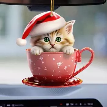 Рождественский Кот Автомобильный Кулон 2D Акриловое Зеркало Заднего Вида Декоративное Украшение Рождественская Елка A