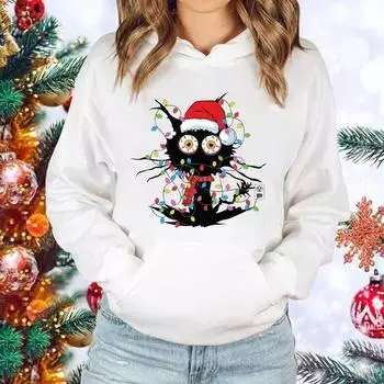 Рождественский кот с принтом длинный рукав пуловер толстовки для женщин и мужчин пара повседневные толстовки осень зима плюс размер верхняя одежда толстовка S