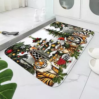 Рождественский коврик для кухни с изображением льва, тигра, животного, снеговика, леса, рождественский ковер, украшение для ванной комнаты - можно стирать в стиральной машине. 40x60cm