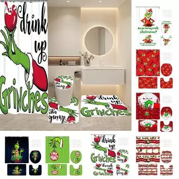 Рождественский коврик для ванной комнаты с принтом снеговика и занавеска для душа, набор из четырех предметов One Size