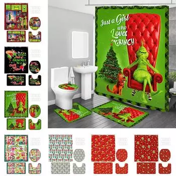 Рождественский коврик для ванной комнаты с принтом снеговика и занавеска для душа, набор из четырех предметов One Size