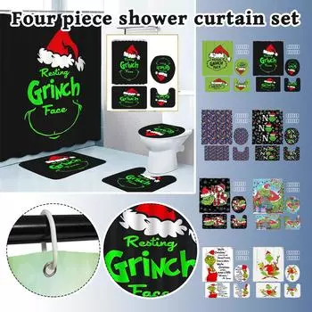 Рождественский коврик для ванной комнаты с принтом снеговика и занавеска для душа, набор из четырех предметов One Size
