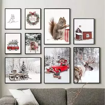 Рождественский красный автомобиль, домашний Лось, белка, настенная живопись на холсте, праздничные украшения для гостиной, постеры и принты, настенные панно 21x30cm No Framed