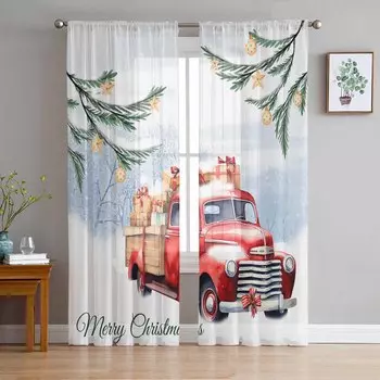 Рождественский Красный Грузовик Растения Снег Подарочные Звезды Прозрачные Шторы Современные Газовые Шторы для Гостиной Спальни Шторы Из Вуали W135 x H114cm