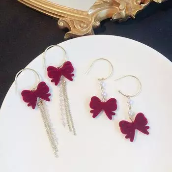 Рождественский красный лук Капля Серьга для женщин Темперамент Сердце Массовый бант Рождественская серьга Девушки Новогодний фестиваль Ювелирные изделия