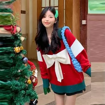Рождественский красный свитер с бантом для женщин, контрастные лацканы, женские свободные свитера с длинными рукавами, шикарные женские зимние пуловеры One Size красный