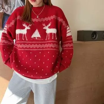 Рождественский красный свитер с круглым вырезом, милый женский олень, свободный осенне-зимний женский пуловер, ленивый повседневный универсальный топ One Size красный