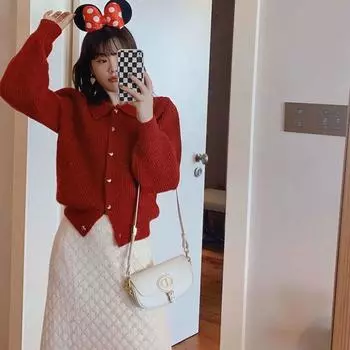 Рождественский красный свитер, женский осень-зима 2022, однотонный повседневный стиль с напуском, элегантный вязаный кардиган с подкладкой, женские топы One Size красный