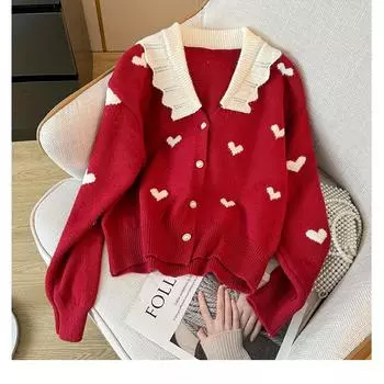 Рождественский красный вязаный кардиган женский контрастного цвета Love Ladies свитер с длинными рукавами пальто осень повседневный универсальный топ One Size