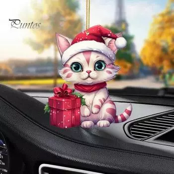 Рождественский кулон, милый мультяшный стиль, подвесной аксессуар со шнурком, акриловый рождественский кот, подвесное зеркало заднего вида A