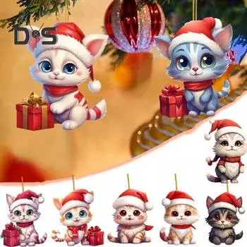 Рождественский кулон, милый мультяшный стиль, подвесной аксессуар со шнурком, акриловый рождественский кот, подвесное зеркало заднего вида C