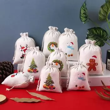 Рождественский льняной мешок для хранения подарков на шнурке с конфетами 10*14cm