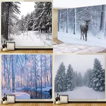Рождественский лес, снег, домашний гобелен, психоделическая сцена, богемный настенный коврик для спальни, настенный матрас 100x75cm