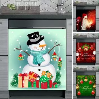 Рождественский магнитный чехол для посудомоечной машины из водонепроницаемого ПВХ с изображением Санта-Снеговика и передней дверцы посудомоечной машины D