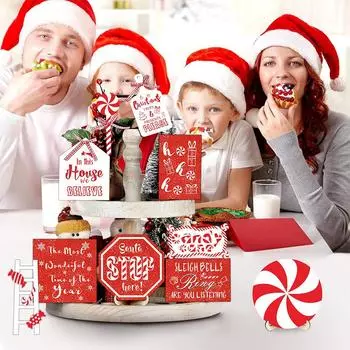 Рождественский многослойный поднос из 14 предметов, набор деревянных поделок, украшения для стола в виде конфет