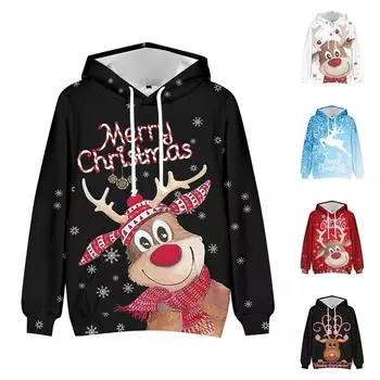 Рождественский модный принт, свободный мужской и женский свитер с капюшоном и длинными рукавами XXXXL чёрный