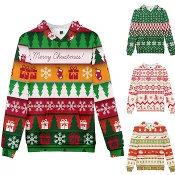 Рождественский модный принт, свободный мужской и женский свитер с капюшоном и длинными рукавами XXXXL хаки
