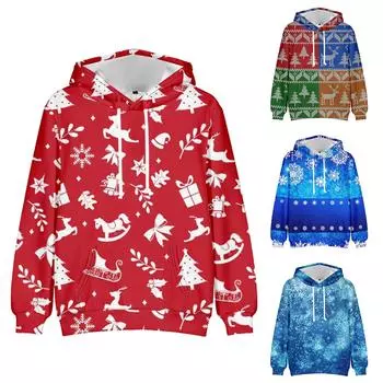 Рождественский модный принт, свободный мужской и женский свитер с капюшоном и длинными рукавами L синий