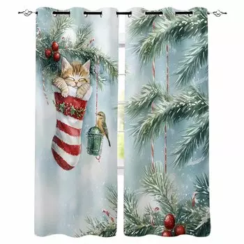 Рождественский мультфильм Звезда Кот Рождественские носки Растения Плотные шторы для гостиной Спальня Оконные шторы Шторы W135 x H60cm