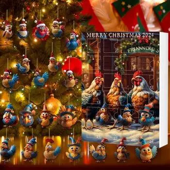 Рождественский мультяшный петух Адвент календарь милый подвесной орнамент акриловое украшение на елку праздничное украшение обратного отсчета с 24-дневными забавными подвесками в виде цыплят