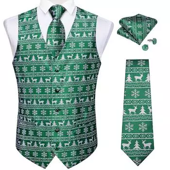 Рождественский мужской костюм, комплект жилетов, шелковый галстук, платок, запонки, комплект зеленого дерева, лося, снежинки, праздничное платье, жилет S