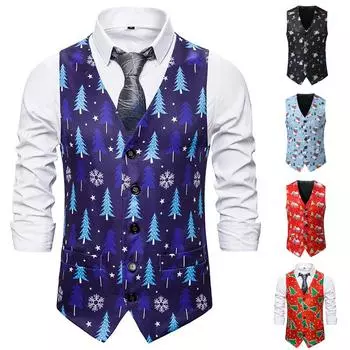 Рождественский мужской жилет с V-образным вырезом и пуговицами, майки для вечеринок, повседневный жилет, футболка S чёрный