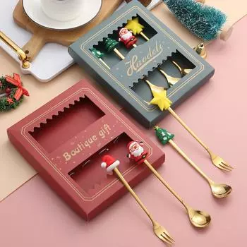 Рождественский набор столовых приборов из нержавеющей стали, маленькая ложка, десертные ложки, вилка для фруктов, рождественская столовая посуда, декор для рождественской вечеринки