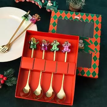 Рождественский набор столовых приборов из нержавеющей стали, блестящая кукла, кофейная десертная ложка, фруктовая вилка, рождественские подарки, декоративная ложка Санта-Клауса