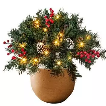 Рождественский наполнитель для кашпо Искусственные сосны Наполнитель для урны с красными ягодами и шишками Освещенные кусты для кашпо Уличный наполнитель для горшков Украшения With Light