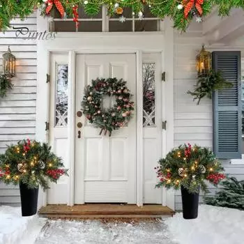 Рождественский наполнитель для кашпо Искусственные сосны Наполнитель для урны с красными ягодами и шишками Освещенные кусты для кашпо Уличный наполнитель для горшков Украшения With Light