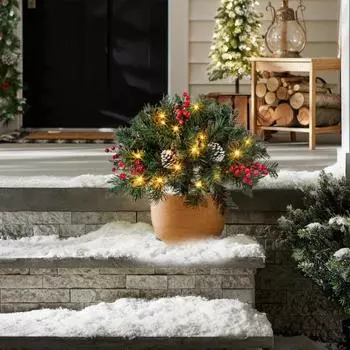 Рождественский наполнитель для кашпо Искусственные сосны Наполнитель для урны с красными ягодами и шишками Освещенные кусты для кашпо Уличный наполнитель для горшков Украшения With Light