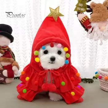 Рождественский наряд для питомца, красно-зеленый плащ для питомца со звездой и помпонами, накидка для щенка, костюм эльфа на рождественскую елку, праздничный наряд для кошек и щенков S красный
