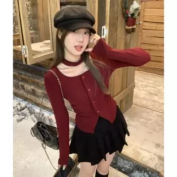 Рождественский наряд, красный плиссированный кардиган с открытой шеей на шее и пуговицами на ключицах для женщин на осень и зиму с потрясающими топами и куртками S