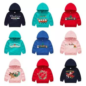 Рождественский Новый Год Мультфильм Весна и Осень Детский Напечатанный Капюшон Свитер Для Мальчиков и Девочек Повседневные Топы С Худи 90cm