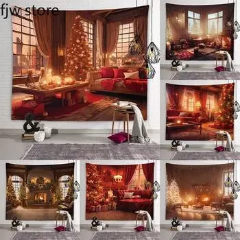 Рождественский Новый год Украшение Гобелен Дерево Печь Настенное Искусство Комната в общежитии Гостиная Дом 100x75cm