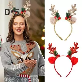 Рождественский ободок с рогом оленя, украшение в виде колокольчика из мультфильма, блестящий обруч для волос с пайетками, рождественский праздничный обруч для головы, аксессуар для вечеринки красный